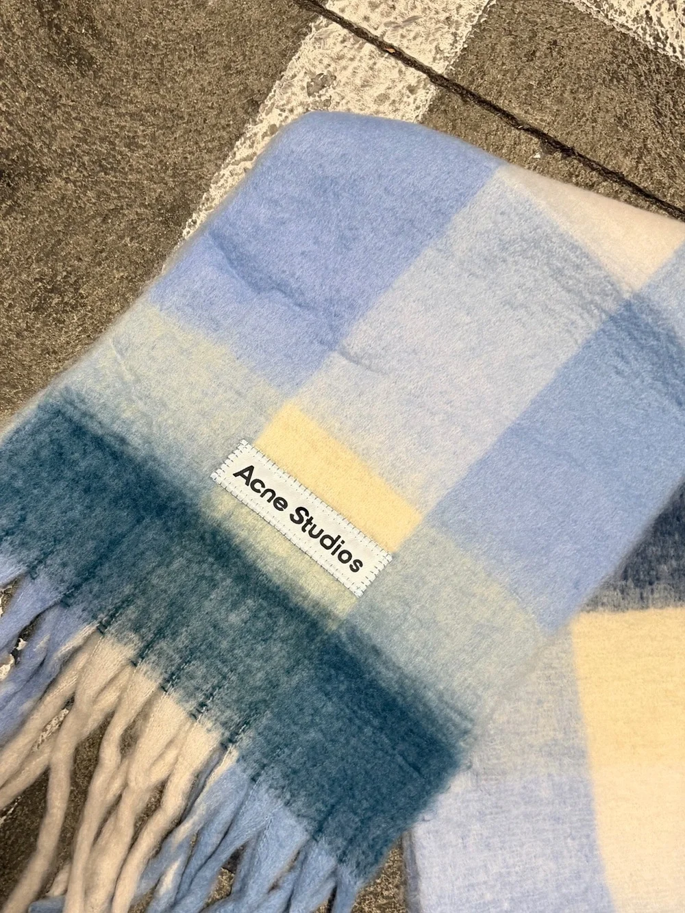 Acne Studio Blue and Cream Plaid Fringe Scarf
